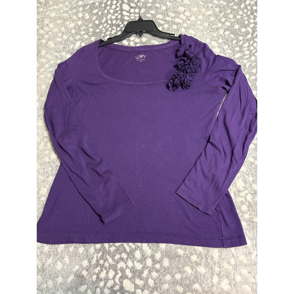 Ann Taylor Loft Purple Floral Rosette Scoop Neck Long Sleeve Cotton Top Medium